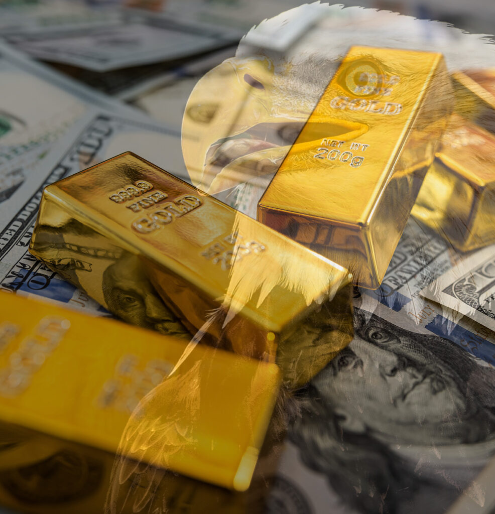Gold ingots with cash and an overlay of an eagle.