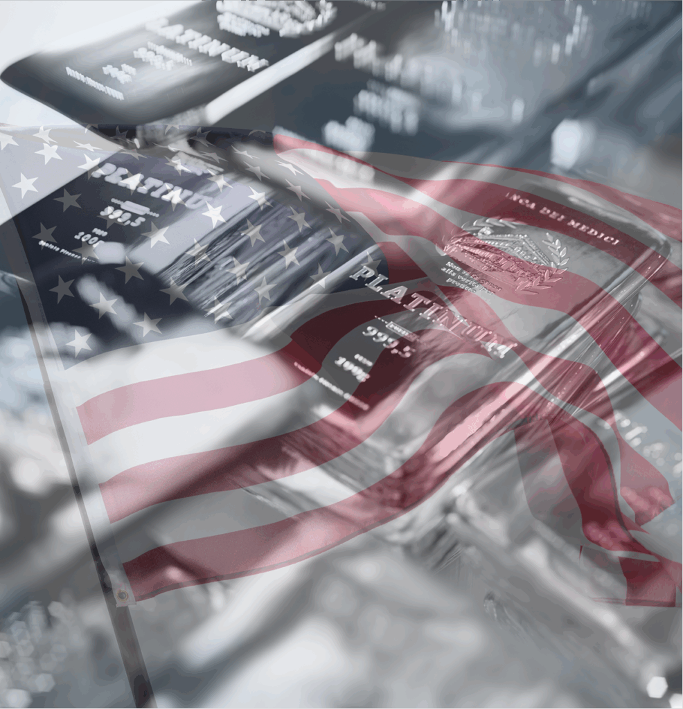 Silver ingots with an overlay of an american flag.